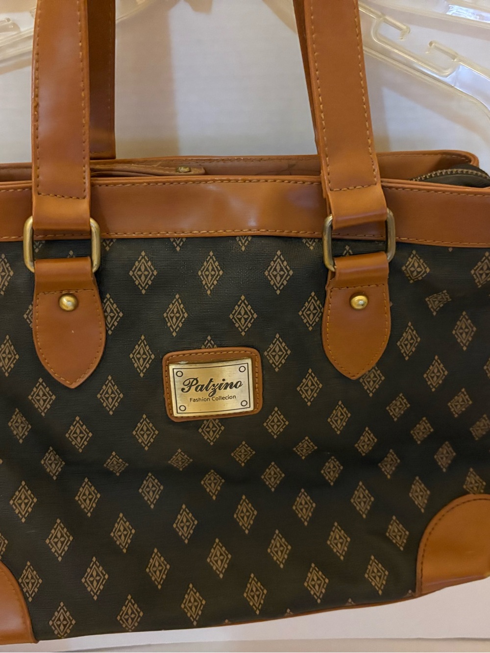 Brown Patterned Tote with Tan Trim